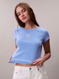 Blue Slim Ribbed Cotton Badge T-shirt  Women