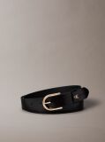 Black Leather Monogram Plaque Rounded Buckle Belt  Women