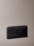 Black Emblem Plaque Quilted Zip Around Wallet  Women