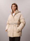 Beige Logo Belt Hooded Puffer Jacket  Women
