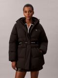Black Logo Belt Hooded Puffer Jacket  Women