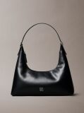 Black Emblem Logo Smooth Leather Shoulder Bag  Women