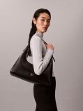 Black Emblem Logo Smooth Leather Shoulder Bag  Women