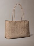 Beige Embossed Emblem Logo Sueded Tote Bag  Women