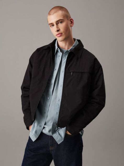 Black Cotton Twill Zip Up Jacket  Men