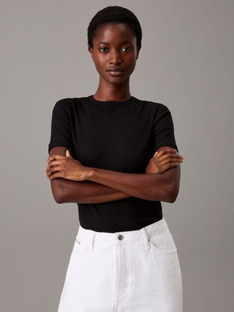 Black Slim Ribbed Modal T-shirt  Women