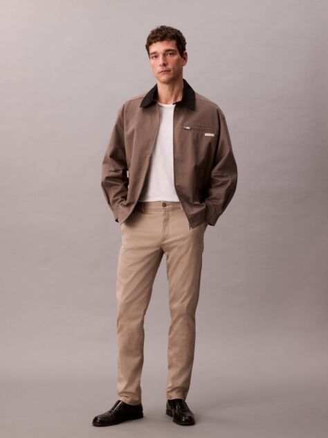 Khaki Slim Cotton Stretch Trousers  Men
