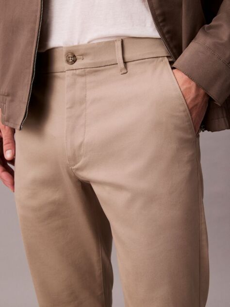 Khaki Slim Cotton Stretch Trousers  Men