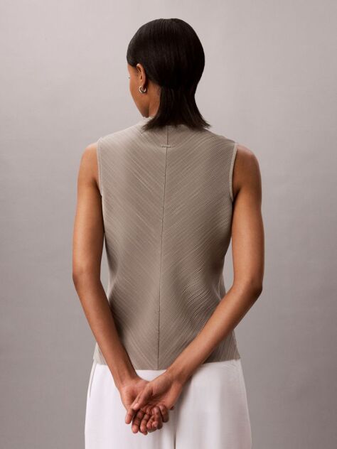 Brown Plissé Mock Neck Sleeveless Top  Women