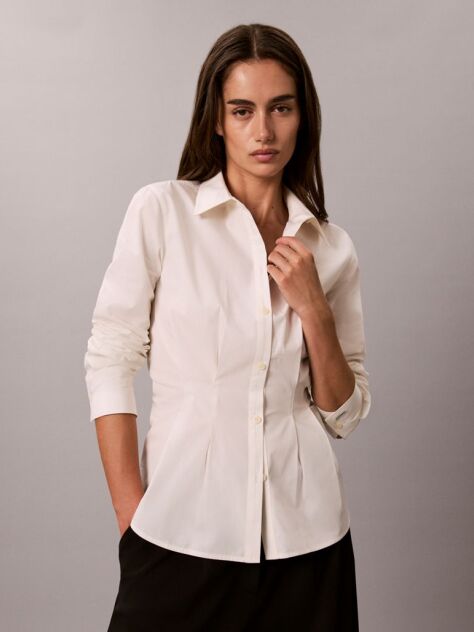 White Fitted Pleated Poplin Shirt  Women