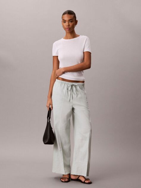 Green Linen Blend Wide Leg Trousers  Women