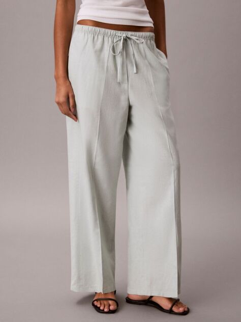 Green Linen Blend Wide Leg Trousers  Women
