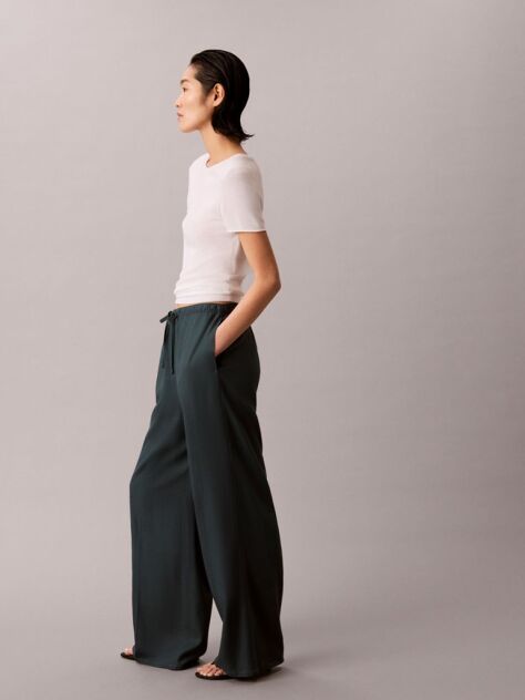 Blue Linen Blend Wide Leg Trousers  Women