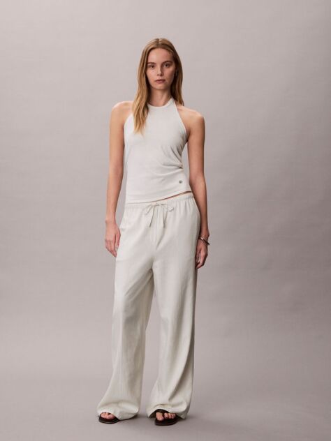 White Linen Blend Wide Leg Trousers  Women