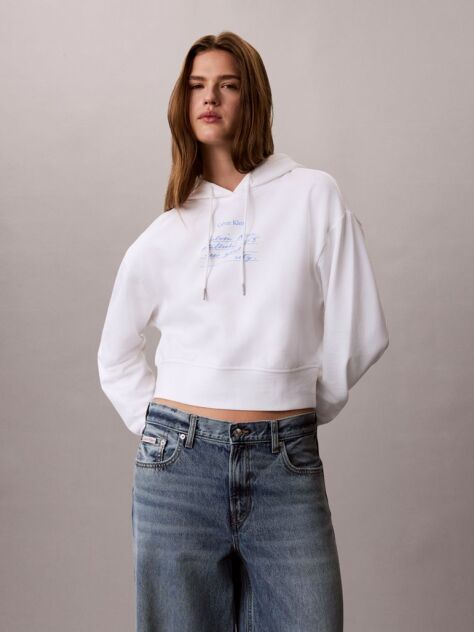 White Logo Graphic Cropped French Terry Hoodie  Women
