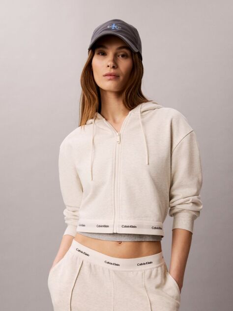 Beige Cropped Logo Elastic Zip Hoodie  Women