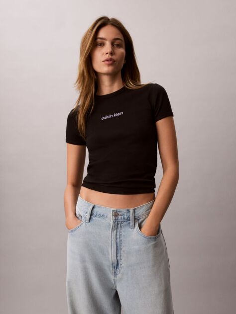 Black Ribbed Embroidered Logo T-shirt  Women