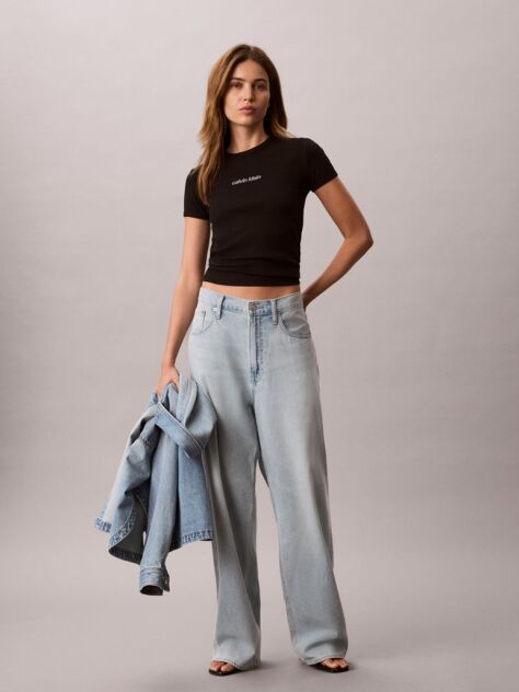 Black Ribbed Embroidered Logo T-shirt  Women