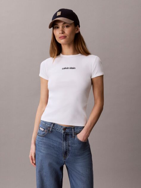 White Ribbed Embroidered Logo T-shirt  Women