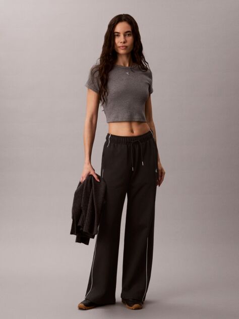 Black Monogram Embroidery Contrast Piping Terry Joggers  Women