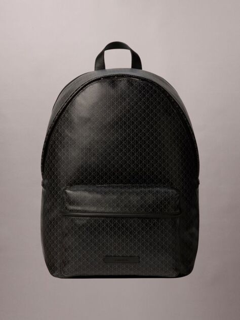 Black Coated Canvas Emblem Logo Backpack  Men