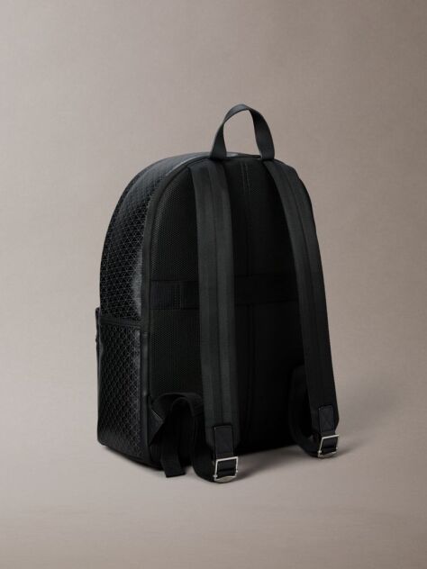 Black Coated Canvas Emblem Logo Backpack  Men
