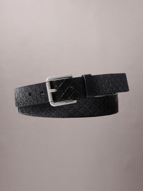 Black Leather Emblem Print Roller Buckle Belt  Men