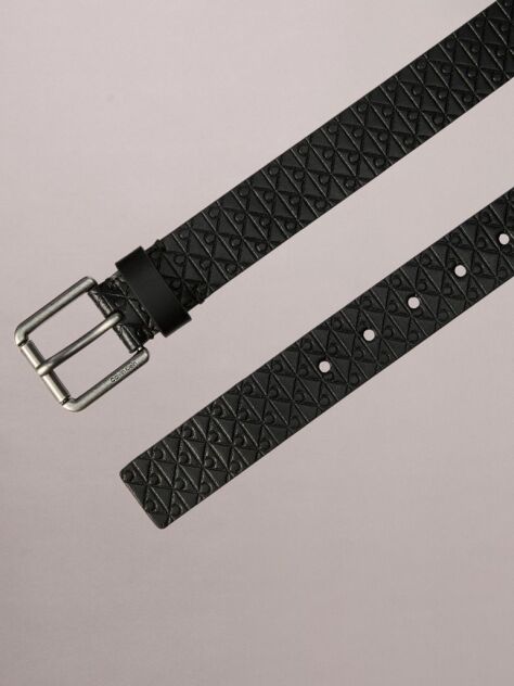 Black Leather Emblem Print Roller Buckle Belt  Men