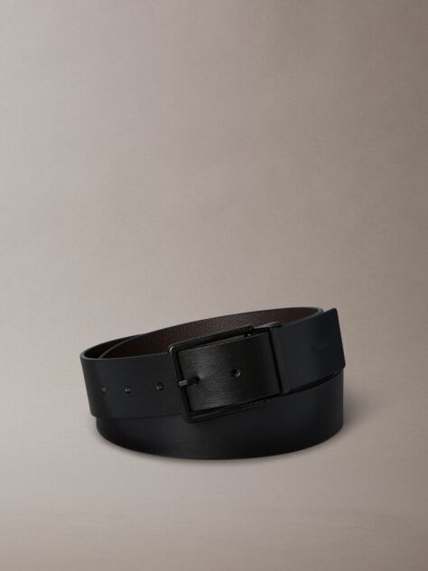 Black Leather Adjustable Reversible Square Buckle Belt  Men