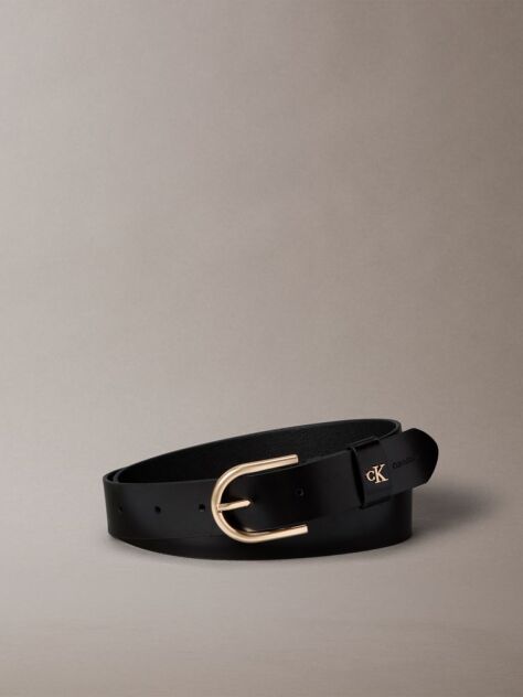 Black Leather Monogram Plaque Rounded Buckle Belt  Women