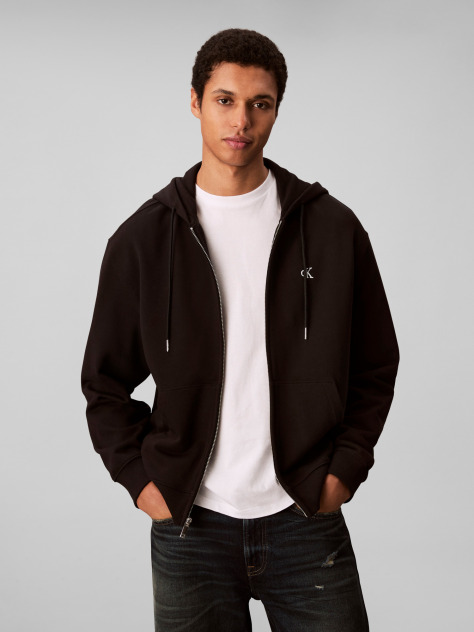 Black Long Sleeve Monogram Front Zip Hoodie  Men