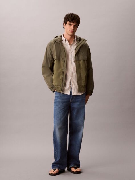 Green Hooded Nylon Windbreaker Jacket  Men