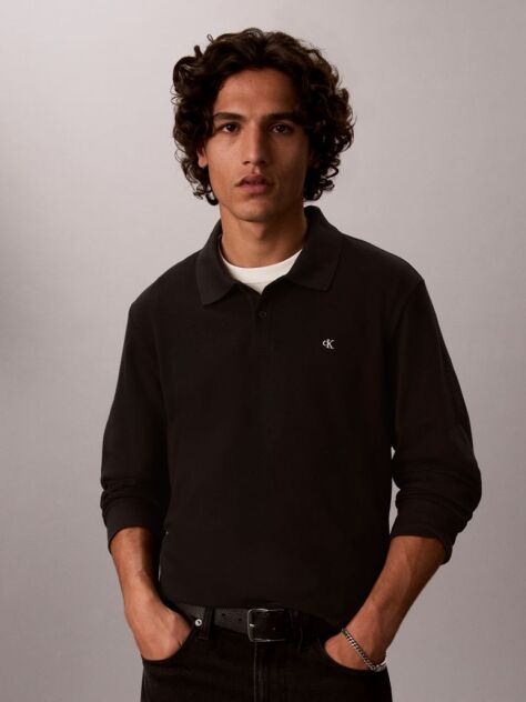 Black Long Sleeve Monogram Polo Shirt  Men