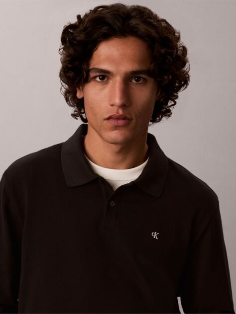 Black Long Sleeve Monogram Polo Shirt  Men