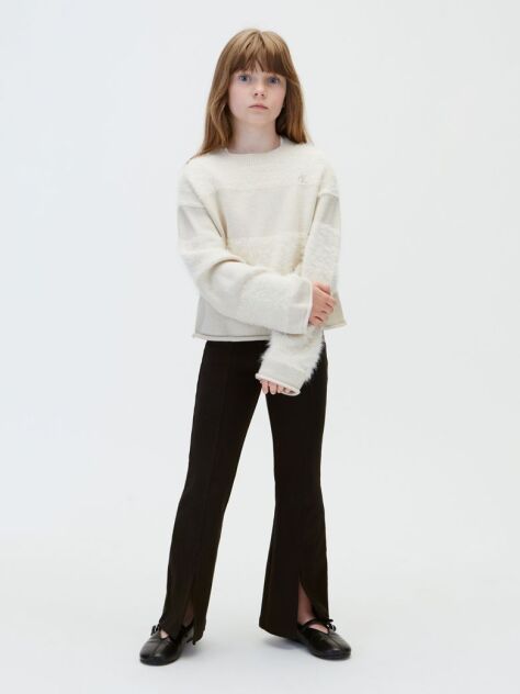 Black Rib-Knit Split Hem Flared Trousers  Girls