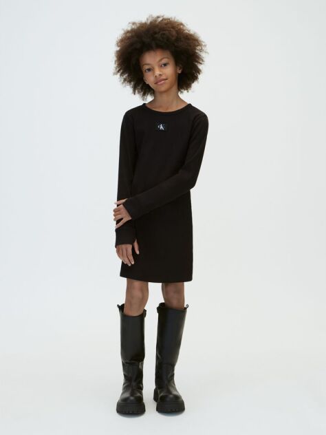 Black Rib-Knit Slim Long Sleeve Dress  Girls