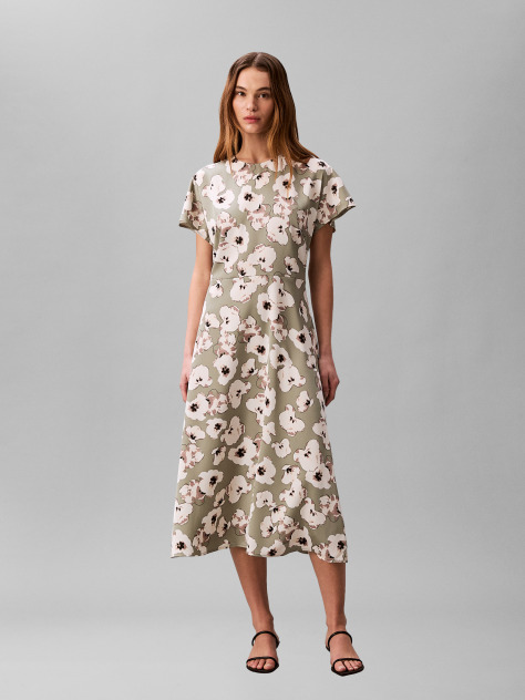 Green Matte Satin Short Sleeve Midi Dress  Women