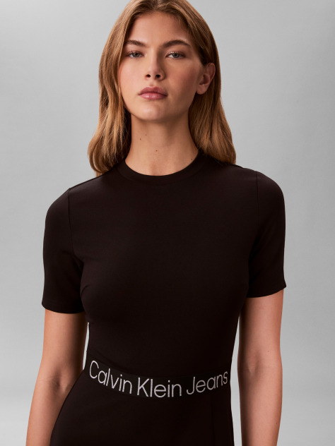 Black Logo Waistband Short Sleeve Mini Dress  Women