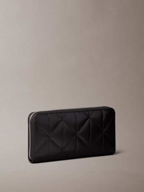 Black Emblem Plaque Quilted Zip Around Wallet  Women