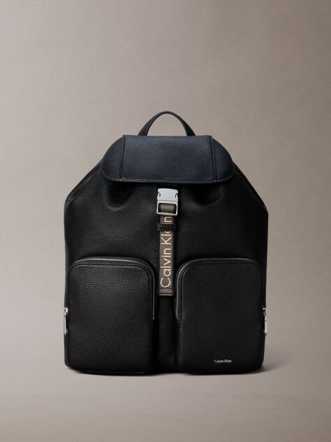 Black Logo Strap Flap Backpack  Women