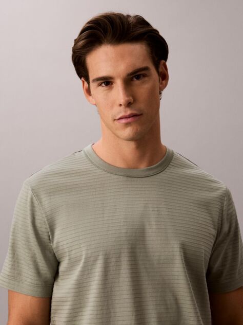 Grey Textured Stripe Crew Neck T-Shirt  Men