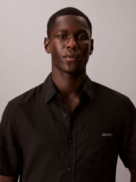 Black Short Sleeve Solid Causal Linen Classic Shirt  Men