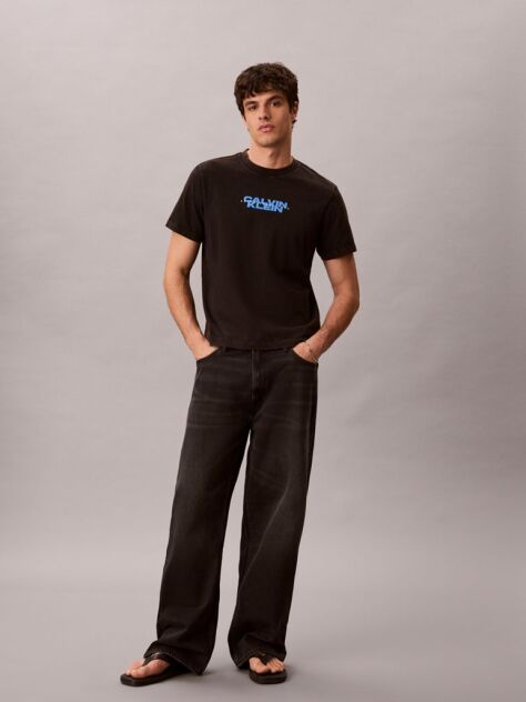 Black Logo Graphic Washed Crew Neck T-Shirt  Men