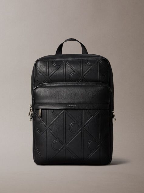 Black Embossed Logo Dome Backpack  Men