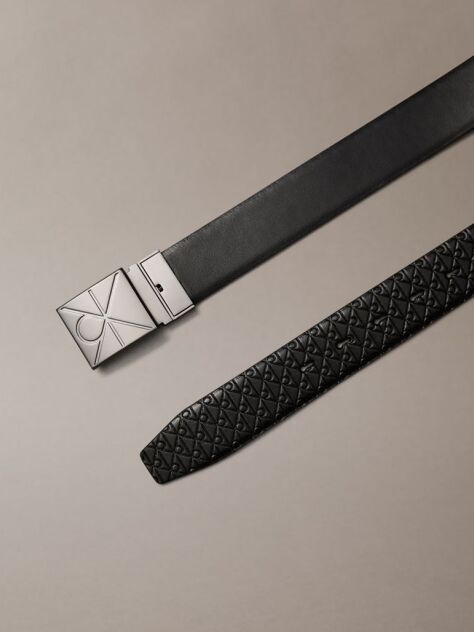 Black Embossed Emblem Pin Buckle Leather Belt  Men
