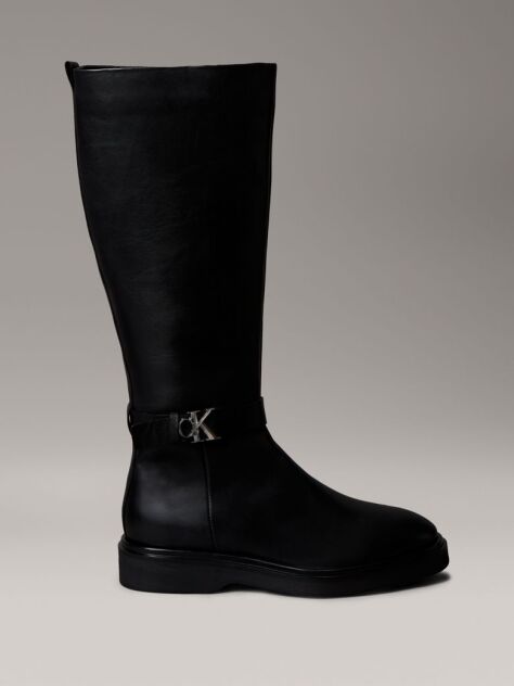 Black Leather Signature Logo Knee Boots  Women