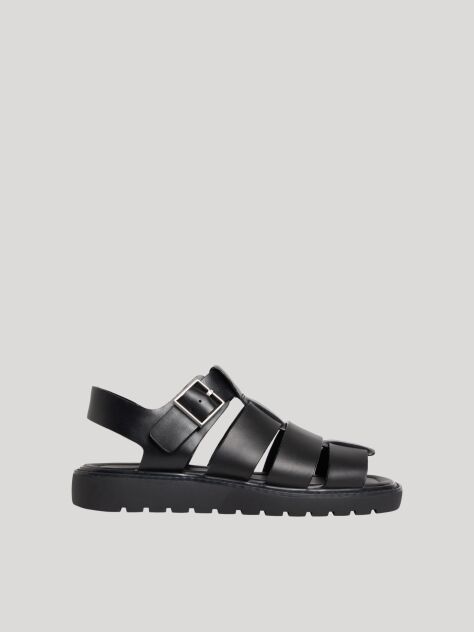 Black Square Toe Fisherman Sandals With Leather  Women