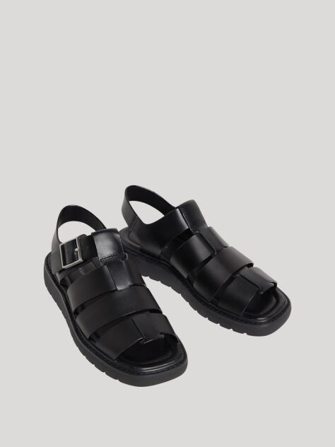Black Square Toe Fisherman Sandals With Leather  Women