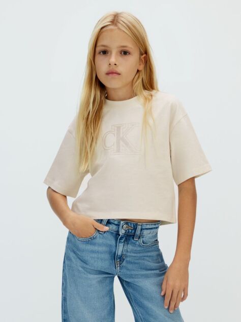 Beige Boxy Logo T-Shirt  Girls