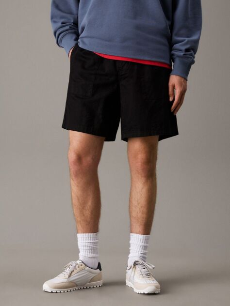 Black Cotton Linen Twill Shorts  Men